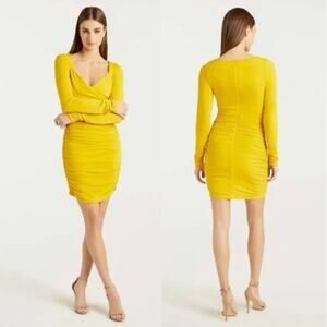 New! Cinq A Sept Yellow Long Sleeve Ruched V Neck Miah Mini Dress,‎ size 2